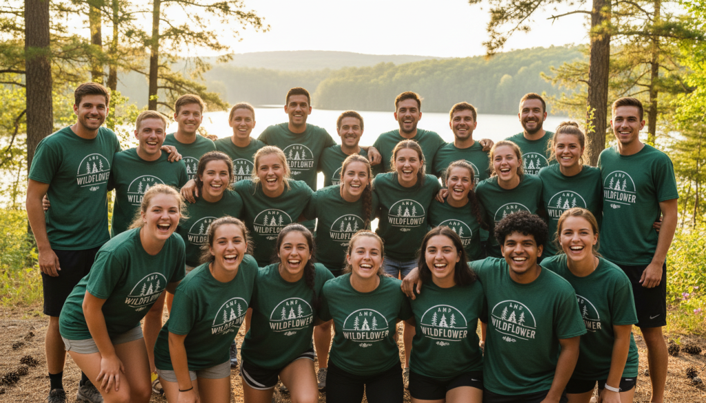 happy camp counselors and campers together at outdoor activity
