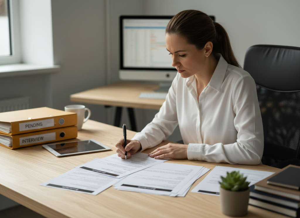 hiring manager reviewing job applications and interview notes