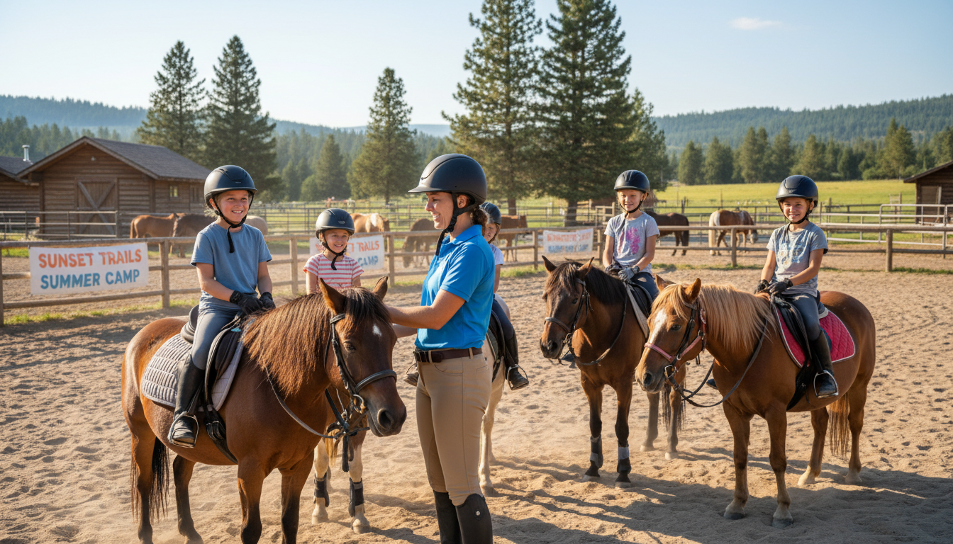 horseback riding instructor teaching children at summer camp