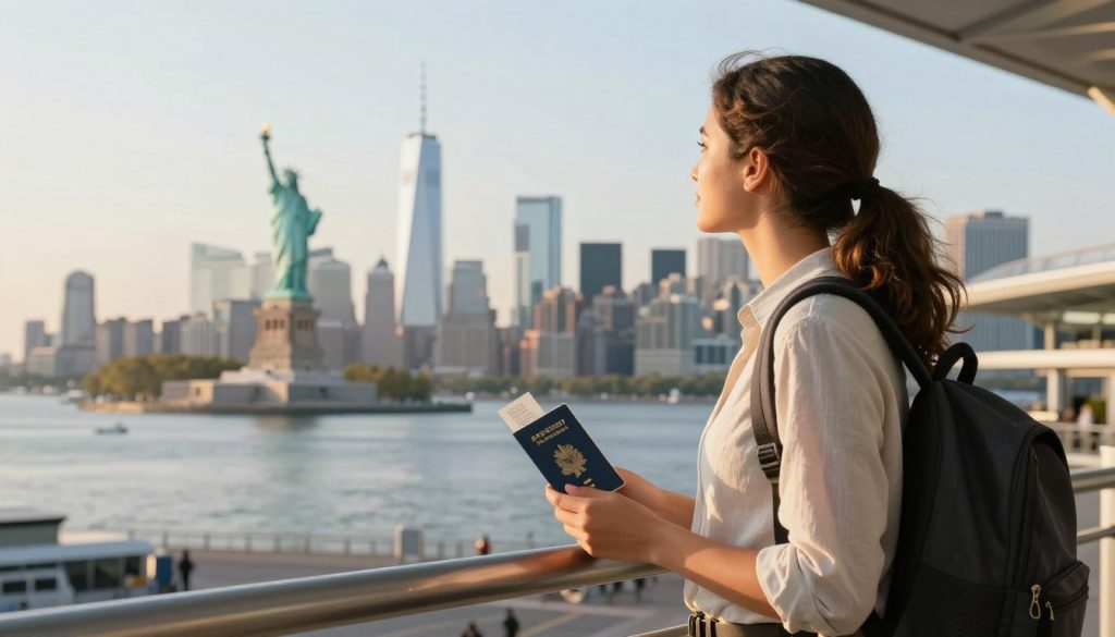how do i get a job in america from uk - young British professional looking at American flag and skyline