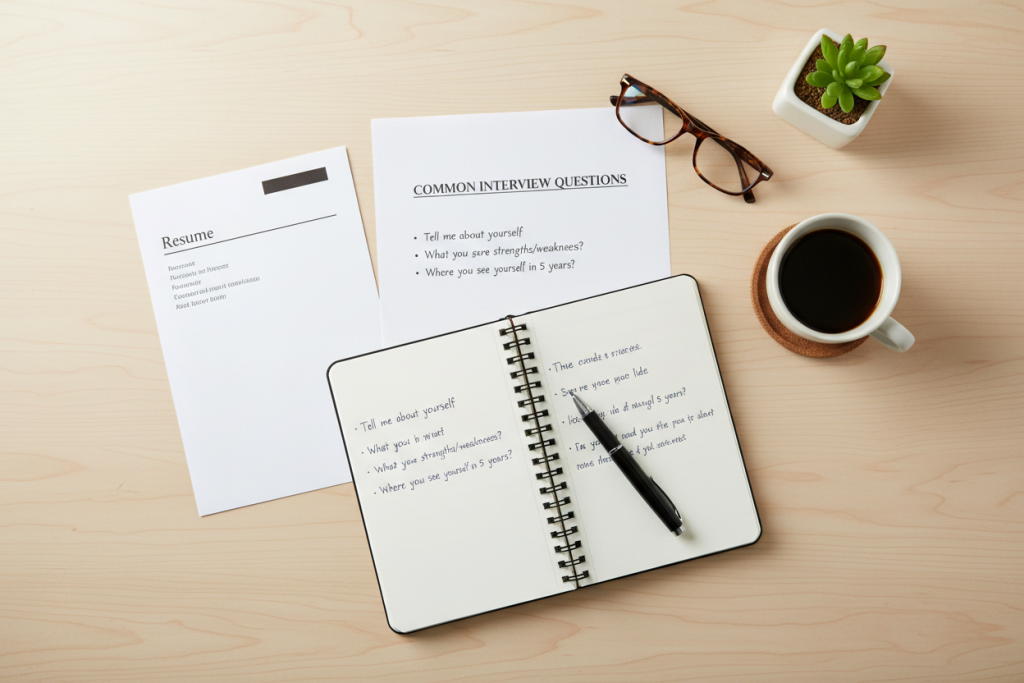 interview preparation materials including questions, resume, and notes