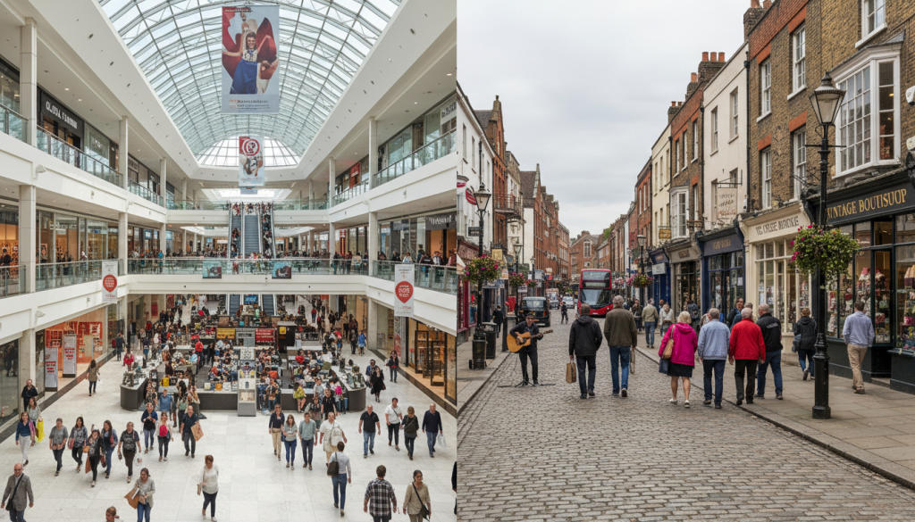large american shopping mall interior versus british high street shops