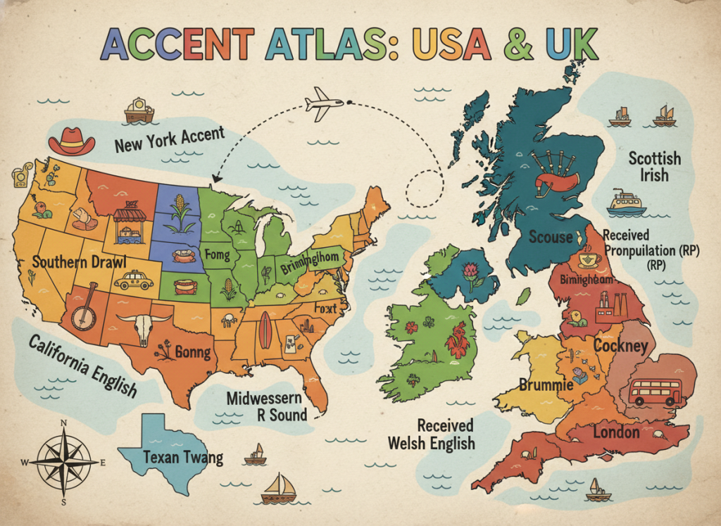 map showing regional accents across america and britain