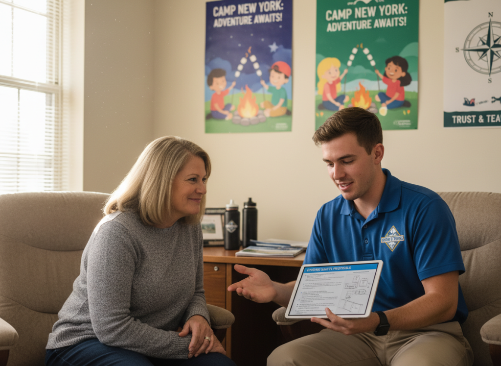 parent and counselor discussing camp safety questions