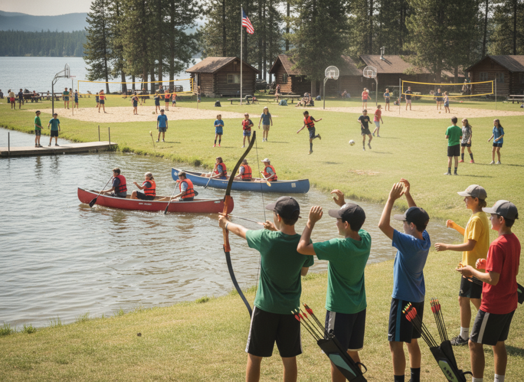 participants doing american camp activities like archery and canoeing