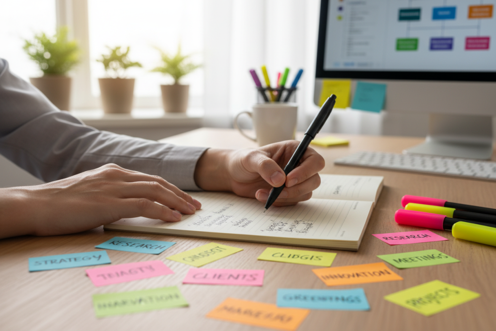person brainstorming ideas with notebook and sticky notes on table