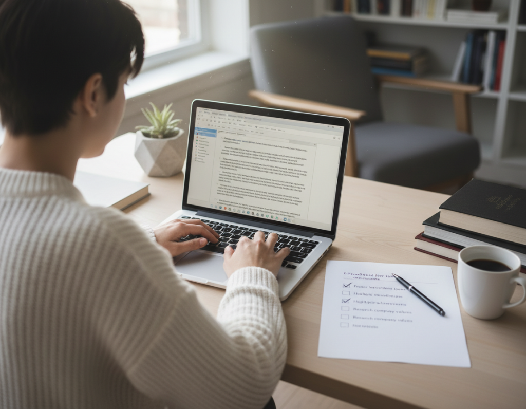person following checklist while writing cover letter on laptop