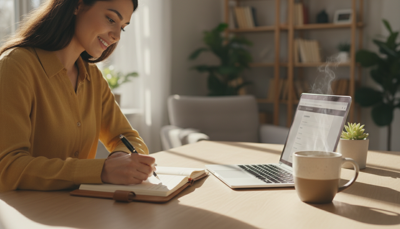 person writing job application at desk with laptop and coffee