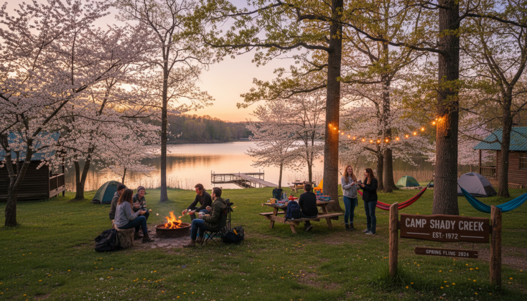 spring evening camp setting during twilight transition