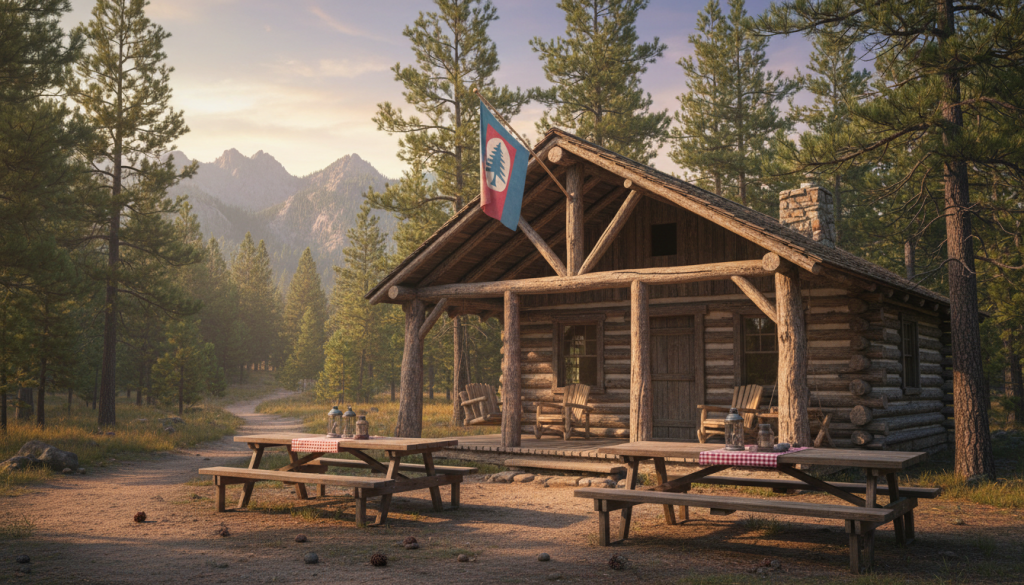 summer camp cabin in woods