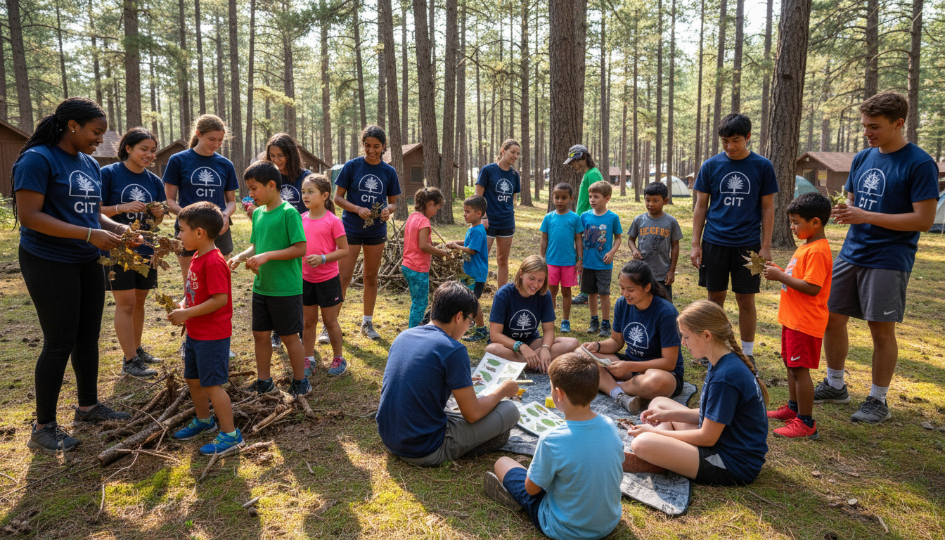 teen camp counselor in training working with younger campers at summer camp