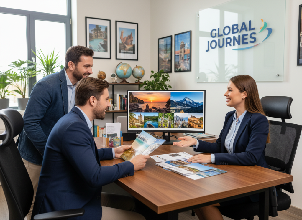 travel agent consulting with couple about vacation plans