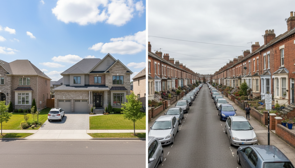 typical american suburban street versus british terraced houses