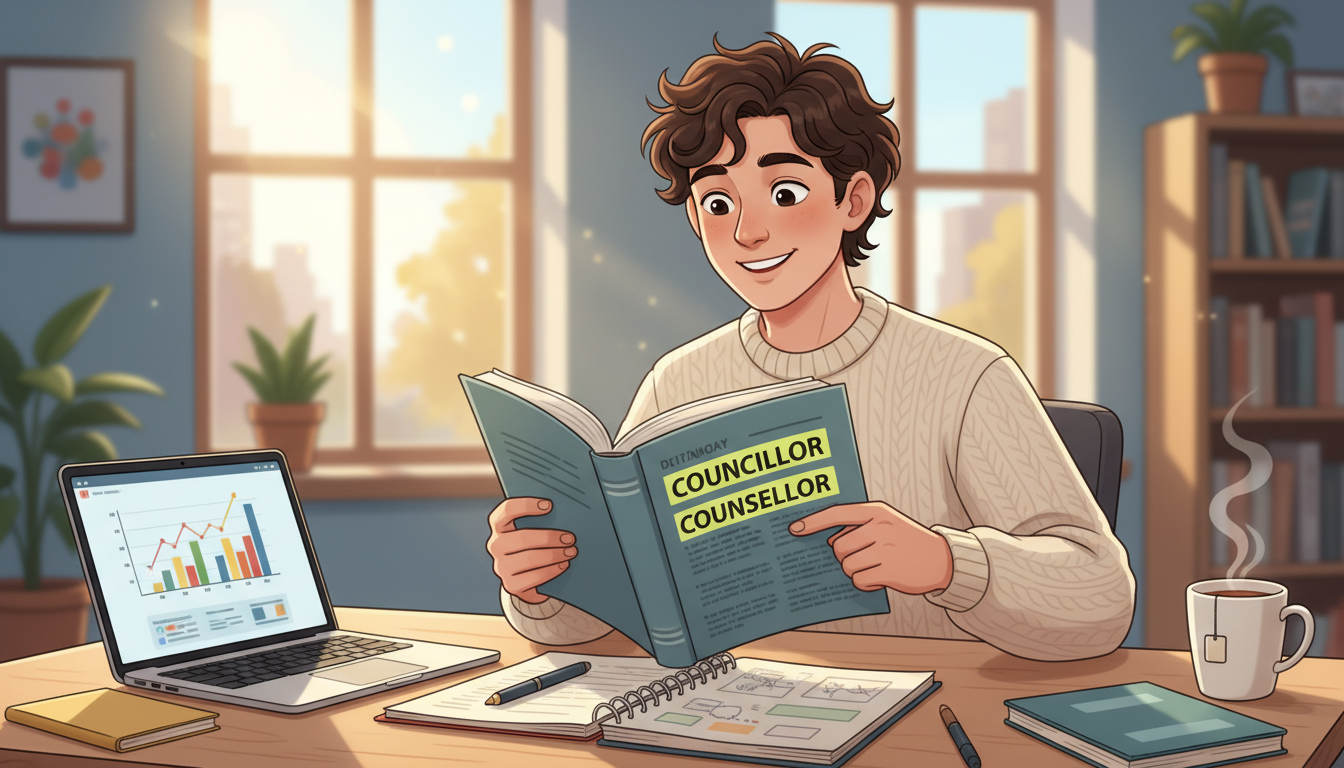 young person holding dictionary comparing councillor or counsellor spelling differences