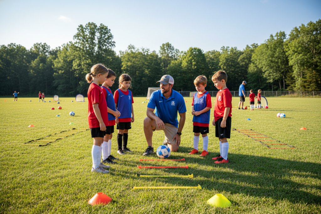 youth football training session at american summer camp
