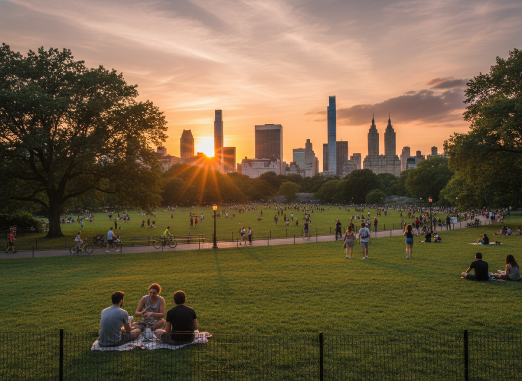 August sunset over New York City park