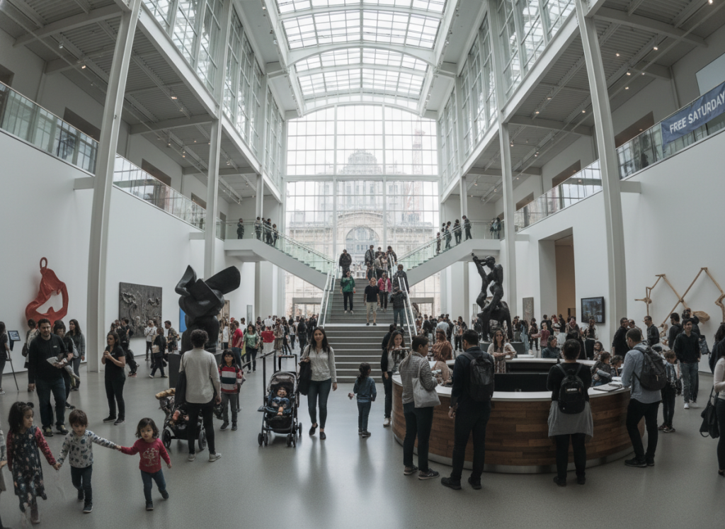 Brooklyn Museum free Saturday event with diverse visitors exploring exhibits