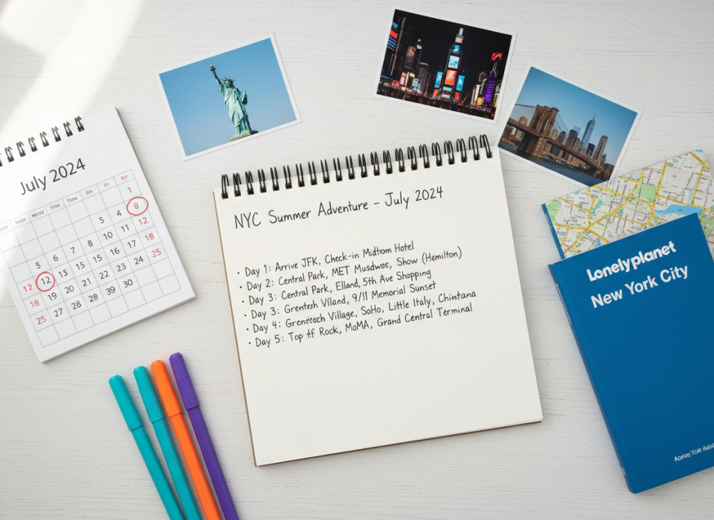 Calendar and planning notebook showing New York summer itinerary