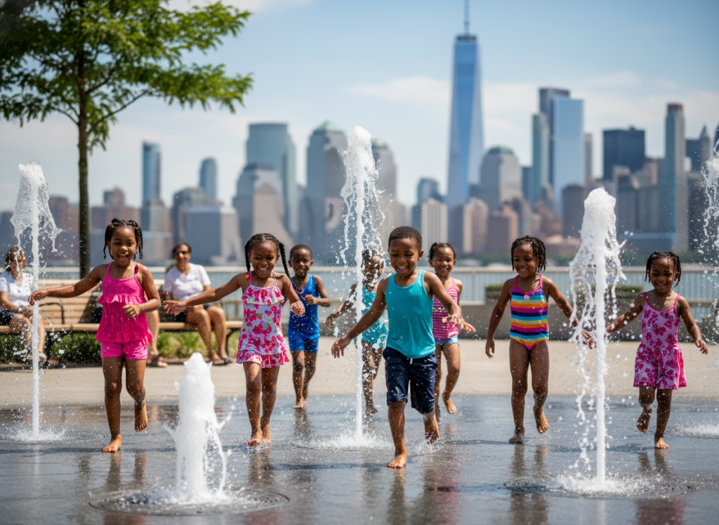 Children playing on the water play area sprinklers at Brooklyn Bridge Park with parents watching