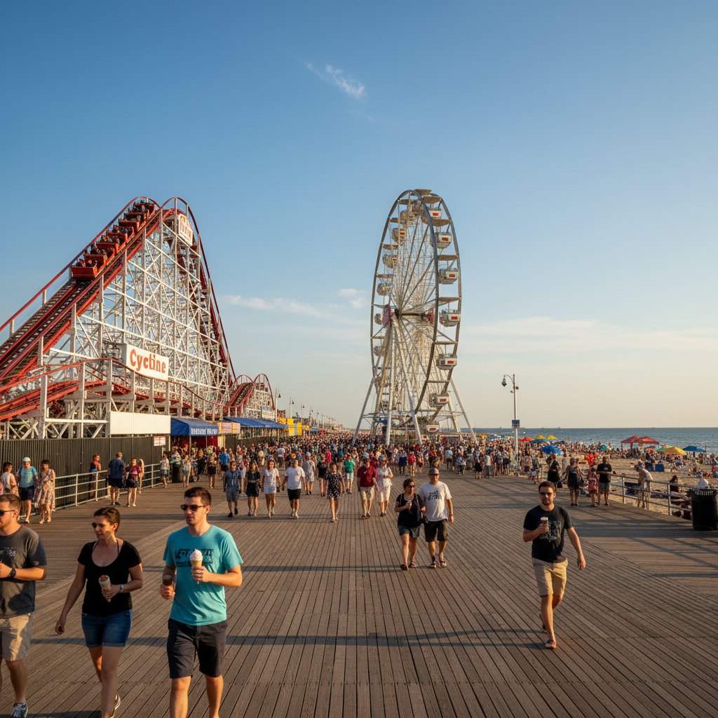 Coney Island boardwalk with amusement park rides and beach