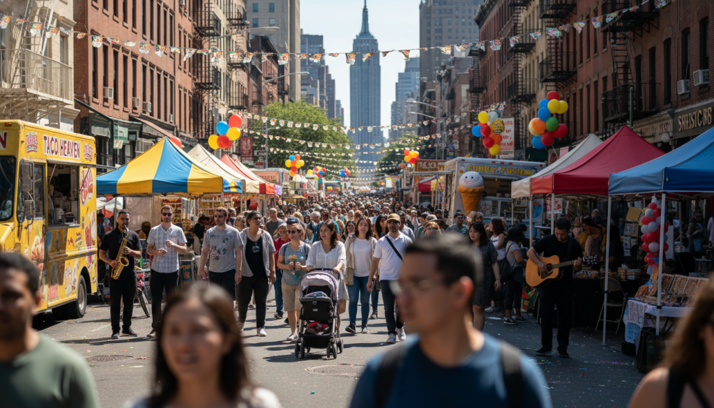 Crowded summer street festival in New York City with food vendors, live music performers, and families enjoying outdoor entertainment