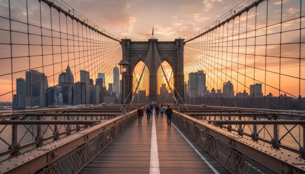 Early morning view of Brooklyn Bridge with sunrise over Manhattan skyline and pedestrians beginning their walk across
