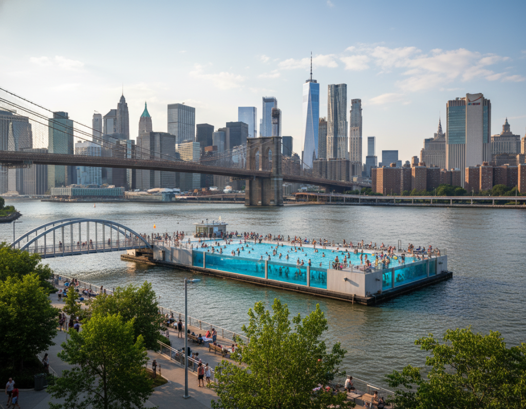 Floating pool at Brooklyn Bridge Park with city views