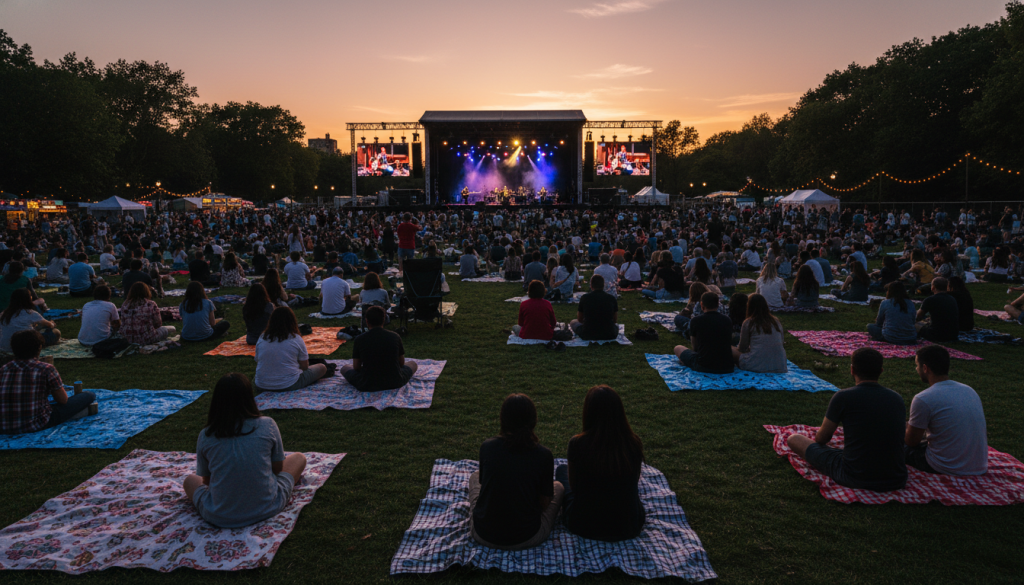 Free outdoor concert in NYC park with audience enjoying summer evening