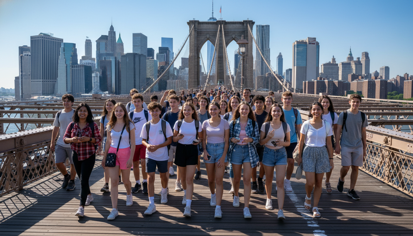 Group of teenagers walking across Brooklyn Bridge with NYC skyline in background during summer camp day trip