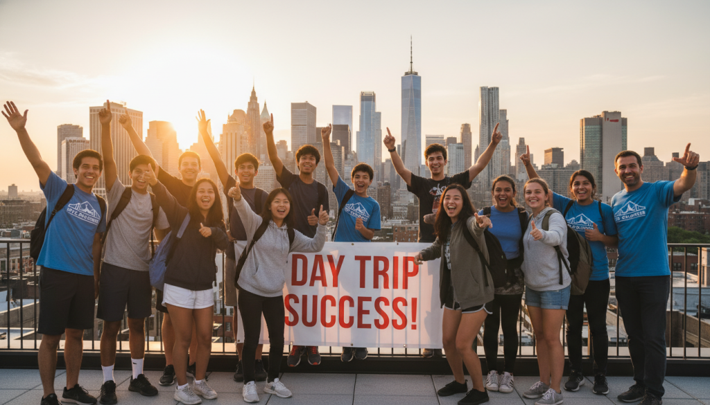 Group photo of diverse teenagers and counselors with NYC skyline celebrating successful summer camp day trip