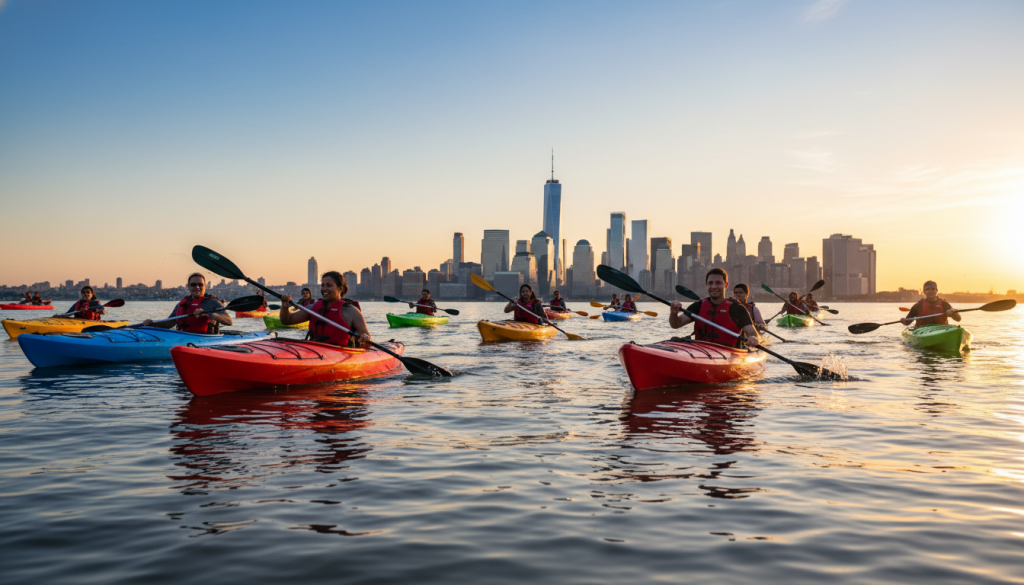 Kayakers paddling on the Hudson River with Manhattan skyline in the background during golden hour