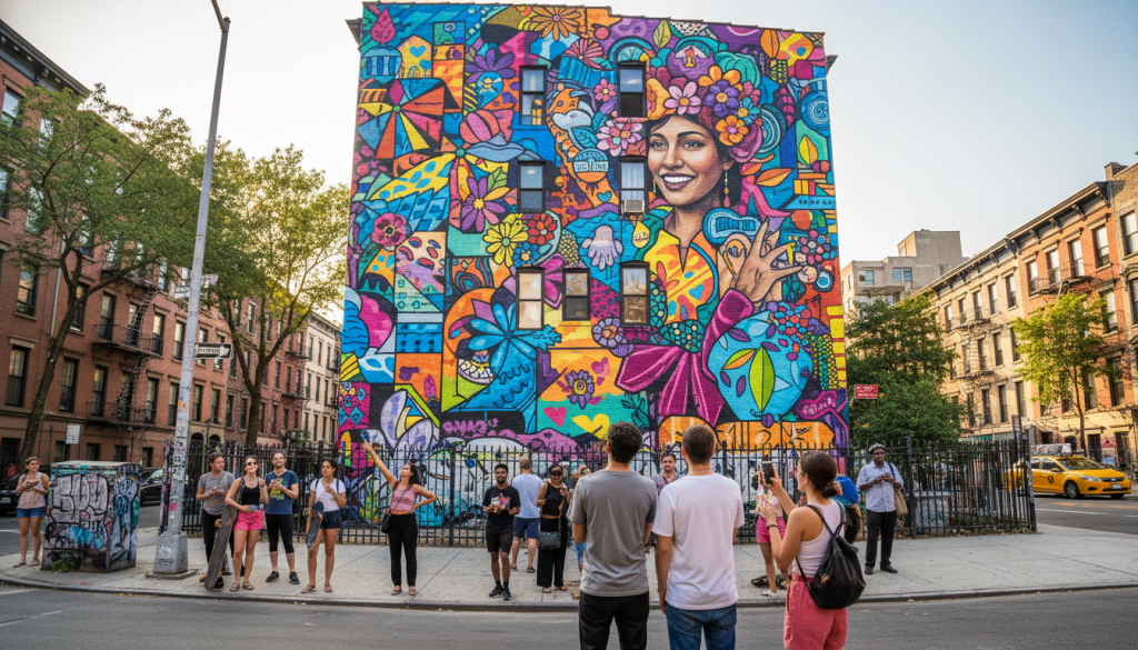 Large colorful mural on building wall in Brooklyn