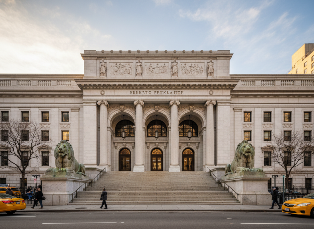 New York Public Library exterior with iconic lion statues