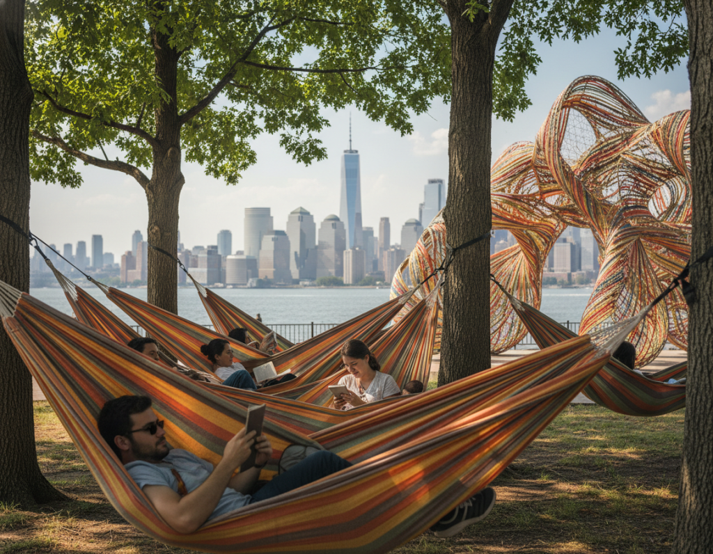 People relaxing in hammocks on Governors Island with art installations and Manhattan views