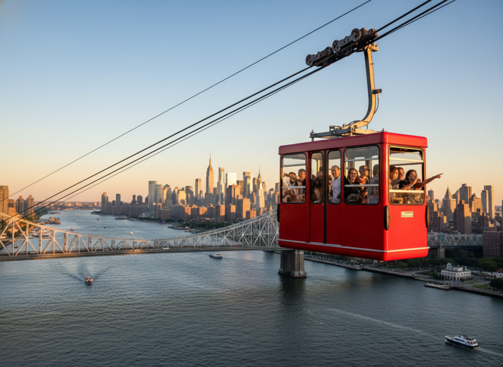 Roosevelt Island Tramway cable car over East River
