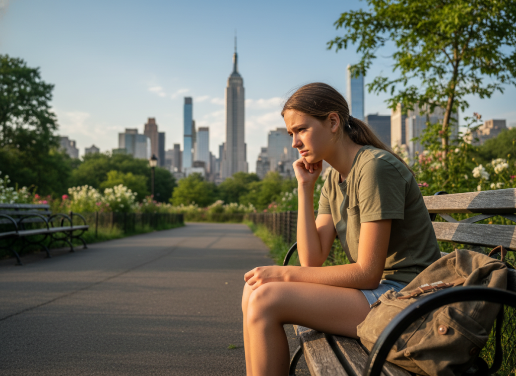 Teen looking thoughtful while sitting in a city park during summer camp