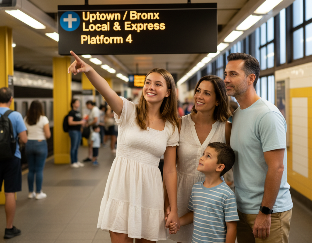 Teenager successfully helping their family read a subway map in a station