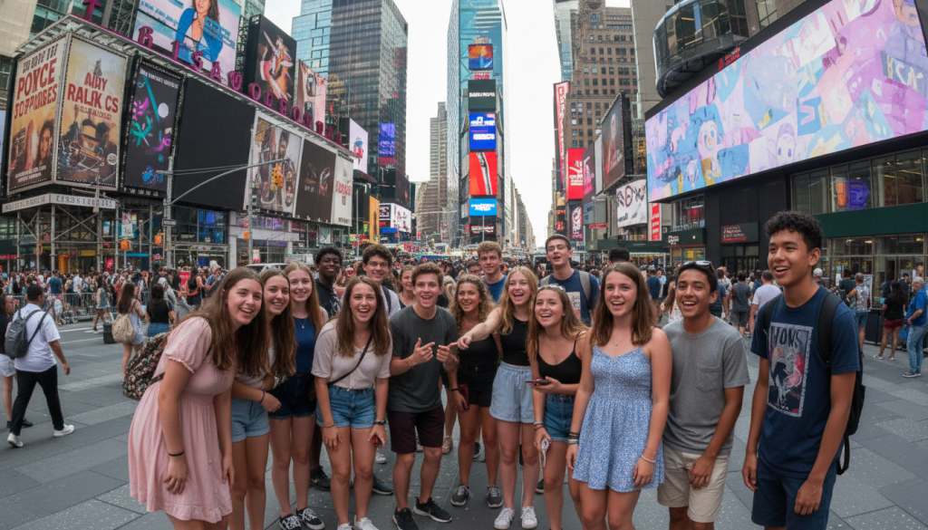 Teenagers exploring Times Square in New York City during summer