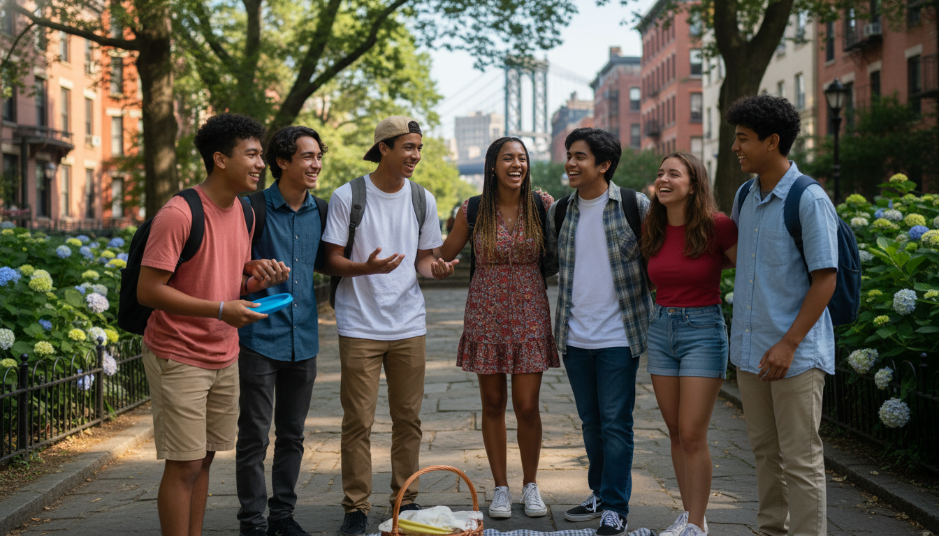 Teens laughing together during a summer camp activity in New York City