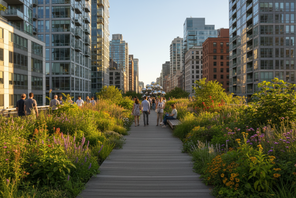 The High Line elevated park with visitors walking among gardens and art