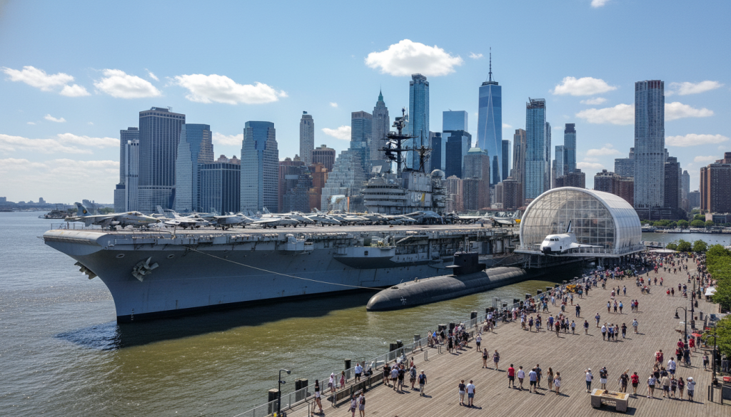 USS Intrepid aircraft carrier docked at Pier 86 with jets on deck and Space Shuttle Enterprise pavilion