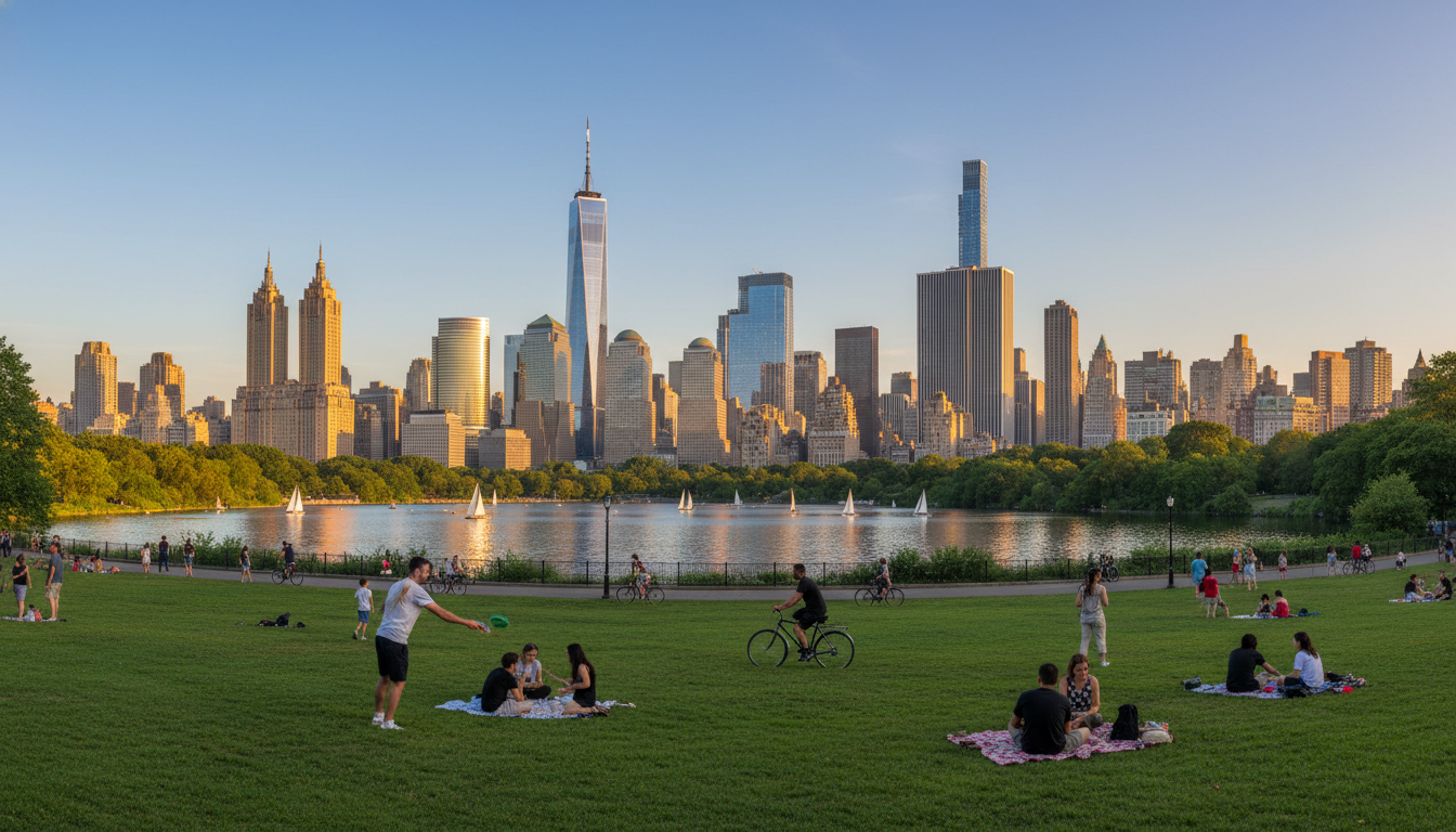 Vibrant New York City skyline during a beautiful summer sunset with people enjoying outdoor activities in Central Park
