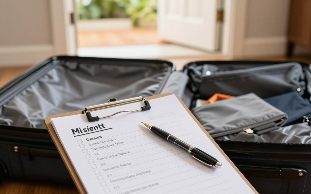 Organized pre-departure checklist and packed luggage Organized pre-departure checklist and packed luggage