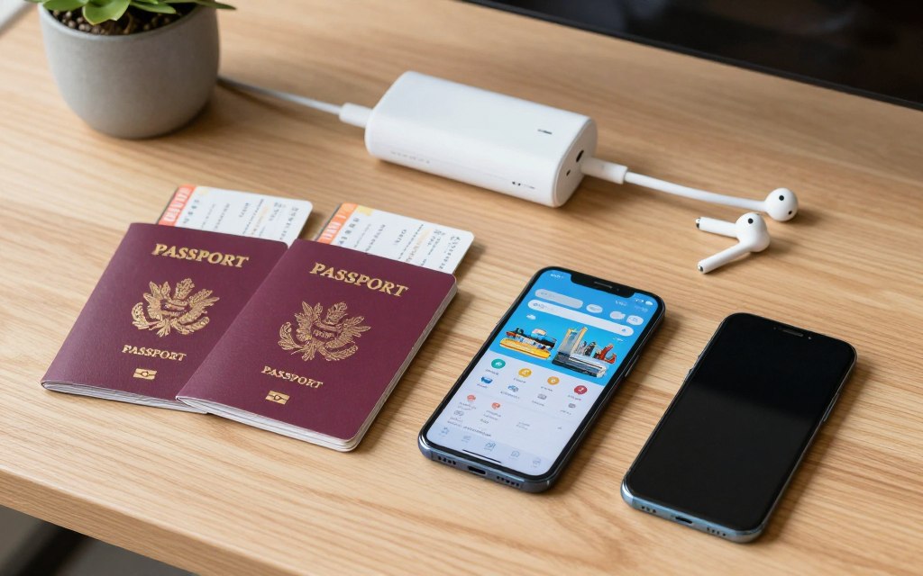 Travel documents and technology organized for vacation Travel documents and technology organized for vacation