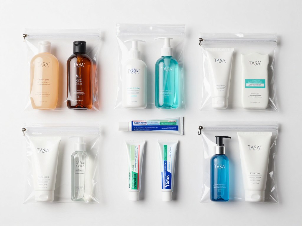 Travel-size toiletries organized for vacation Travel-size toiletries organized for vacation