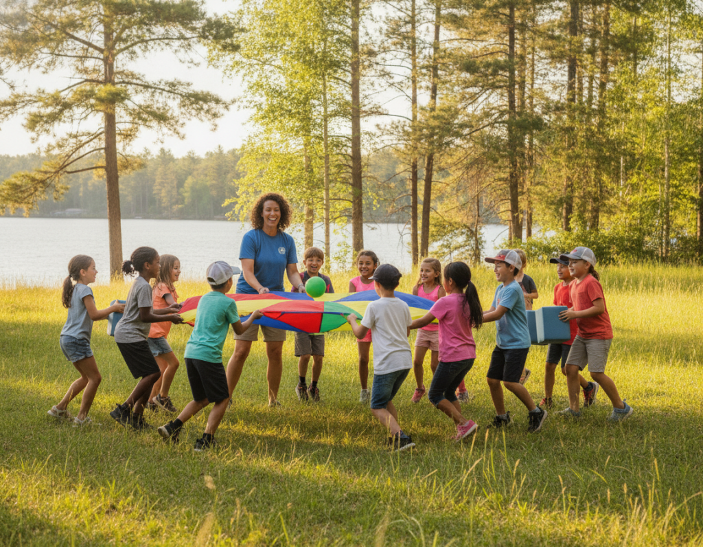 Camp counsellor leading a group activity in America