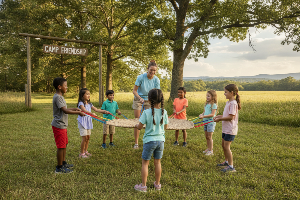 Camp counsellor supporting children during a summer camp activity Camp counsellor supporting children during a summer camp activity