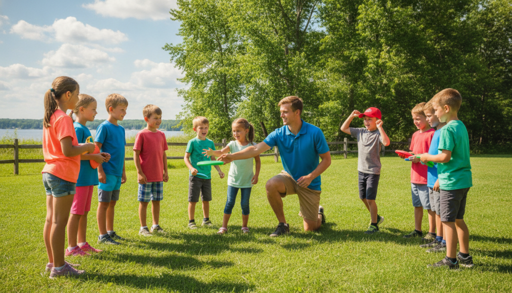 Camp staff teaching sport to children