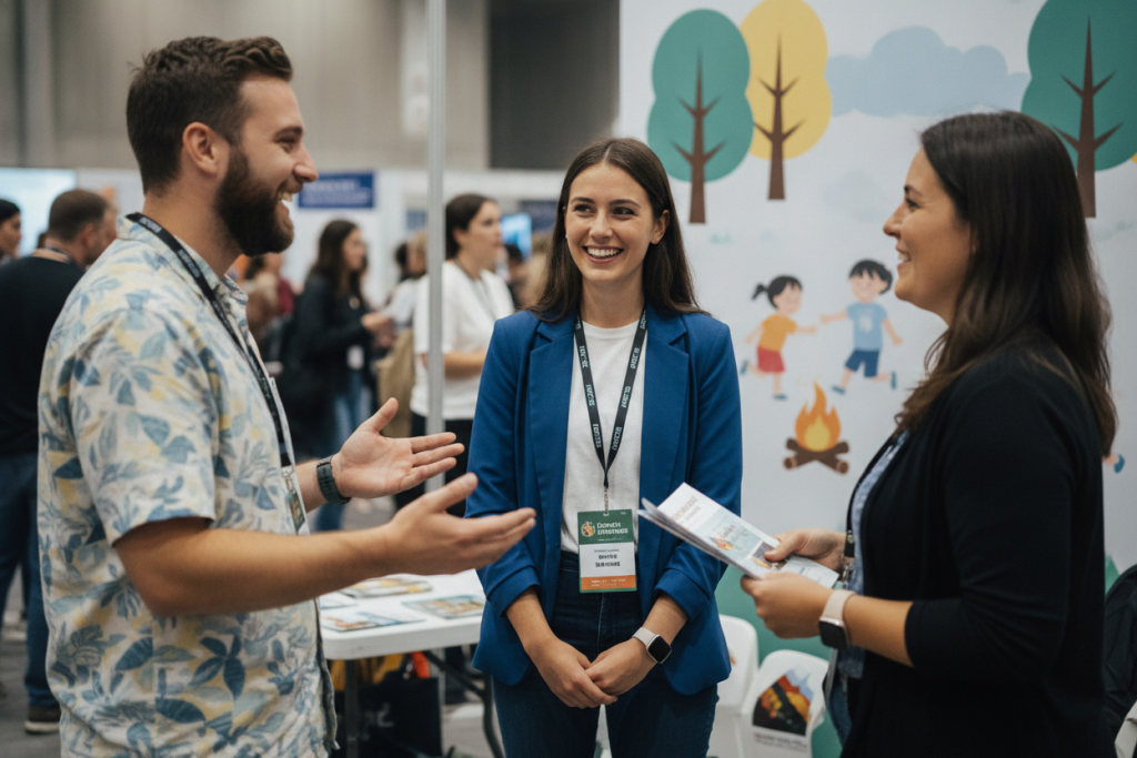 Candidate speaking with employers at a USA summer camp job fair
