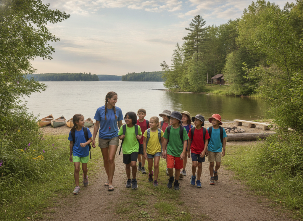 Counsellor enjoying time outdoors with campers Counsellor enjoying time outdoors with campers